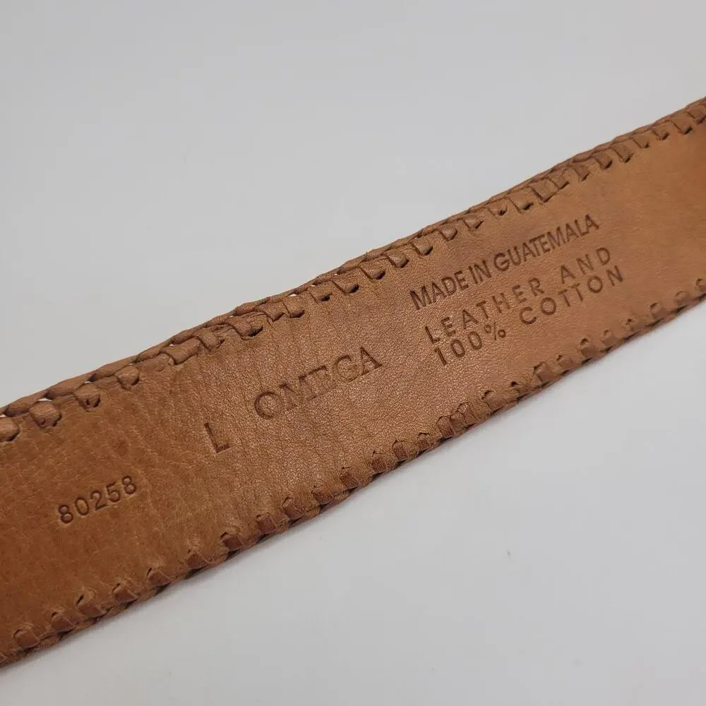 Omega Belt Large Brown Leather Woven Multicolor Boho Festival Ethnic Whipstitch
